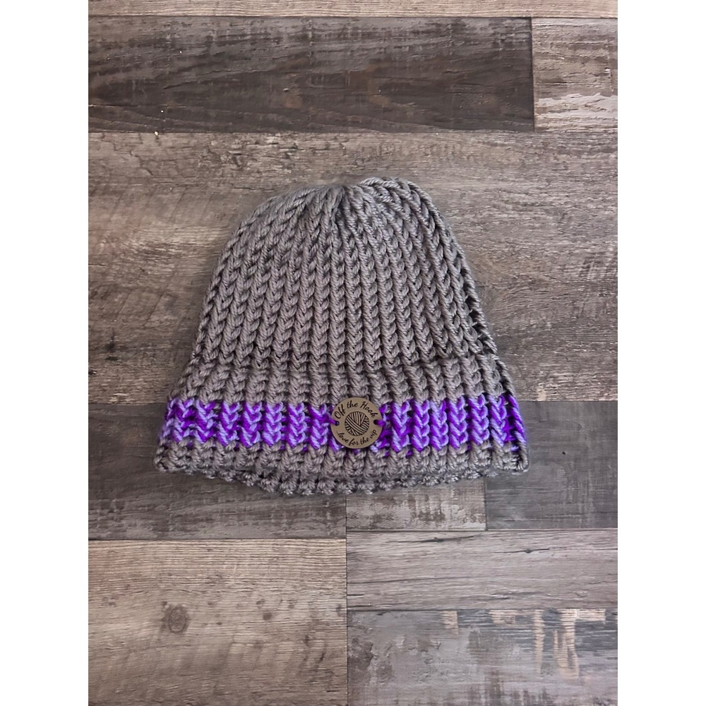 Off the Hook Gray Purple Striped Chunky Knit Beanie Hat Artisan Winter Cap